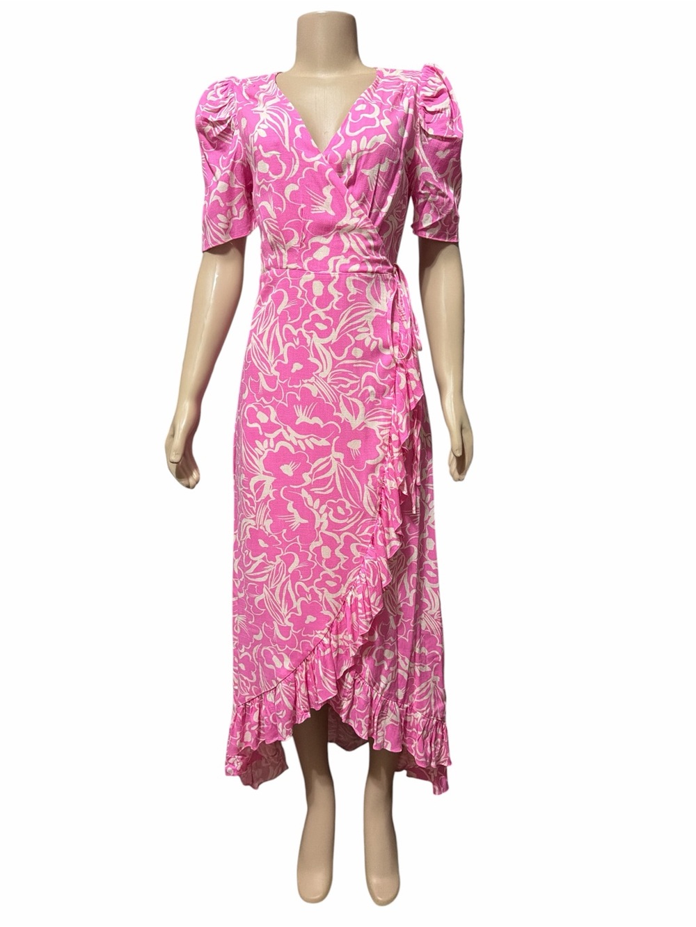 Sugarlips Sx XS Pink Floral Wrap Midi Dress Puff Sleeve Ruffle Hi-Low Hem Boho